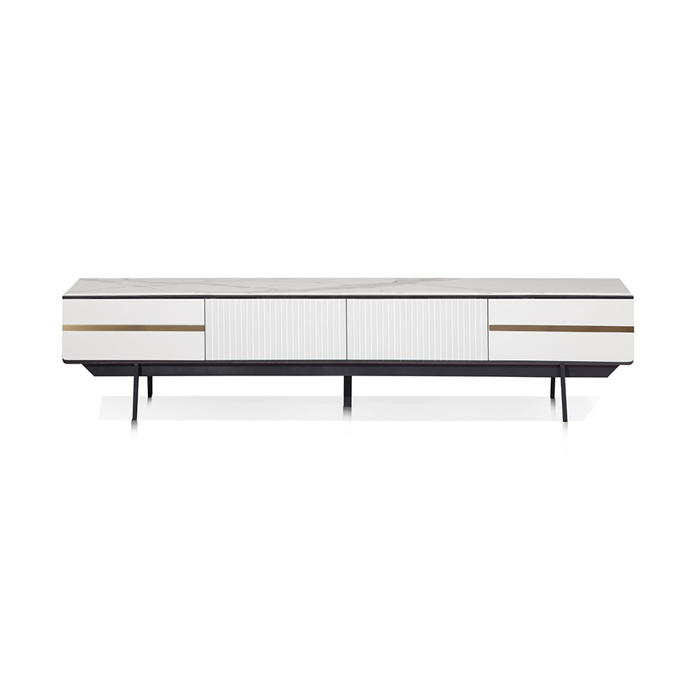 Meuble TV Blanc Console TV Rectangulaire Minimaliste Moderne avec 4 Tiroirs image de fenêtre