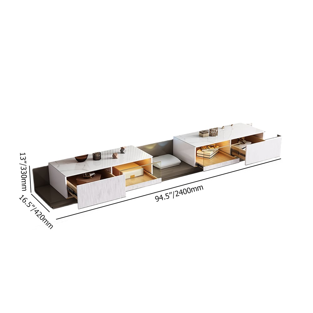 White & Coffee Freestanding Sintered Stone Top TV Stand with Solid Wood Movable Drawers window image