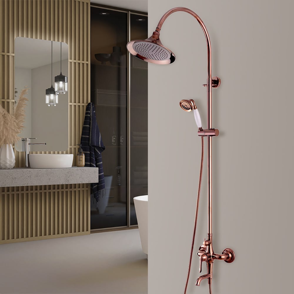 Ensemble de douche pluie exposée classique vintage pour salle de bain, douche à main or rose image de fenêtre