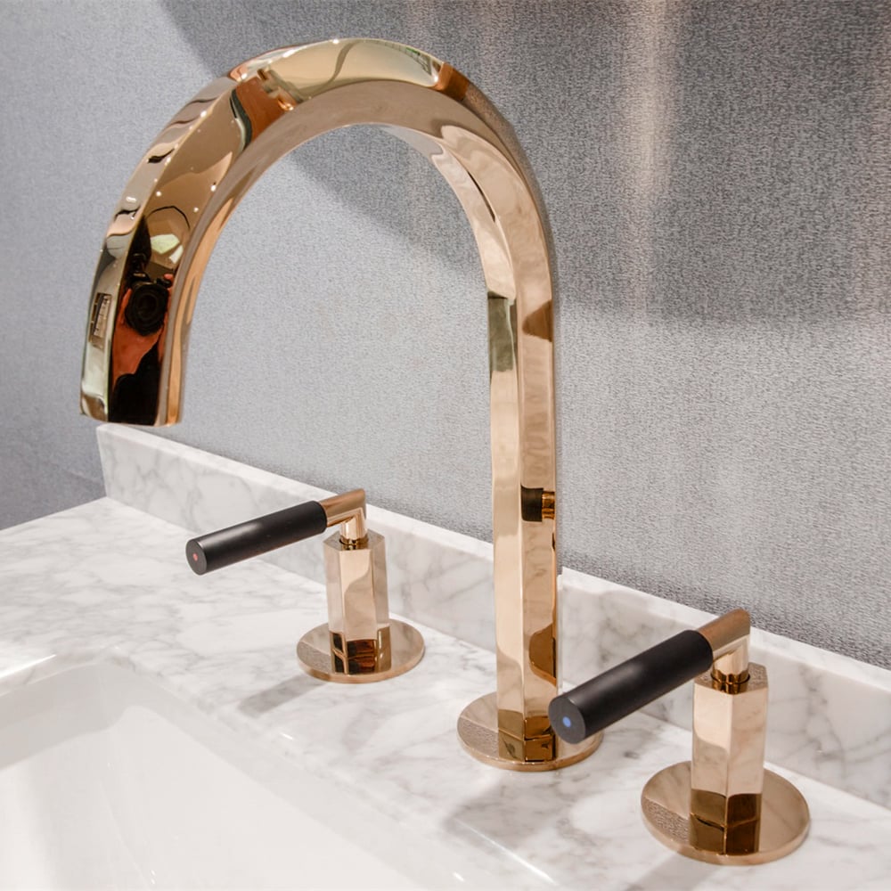 Rose Gold Modern Bathroom Widespread Sink Faucet Solid Brass Double Handles window image