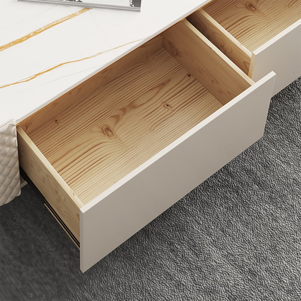 Off White 3 Drawers TV Stand with Sintered Stone Top & Rhombus Embroidered Leather window image