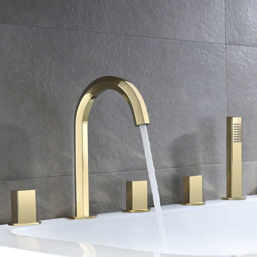 Rose Gold Modern Bath Mixer Tap 3-Handle Deck Mounted 5-Hole Bath Tap & Hand Shower window image
