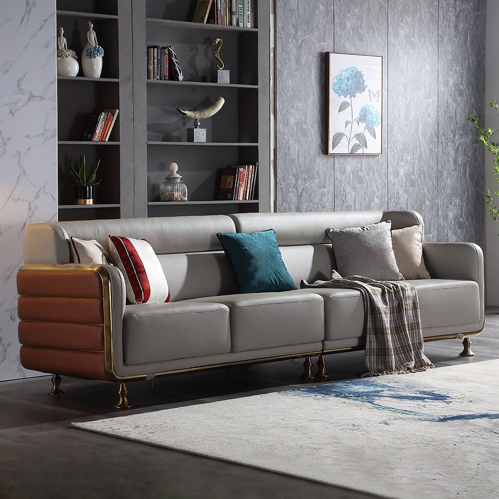 2800mm 4-Seater Grey Vegan Leather Sofa with Stainless Steel Frame window image