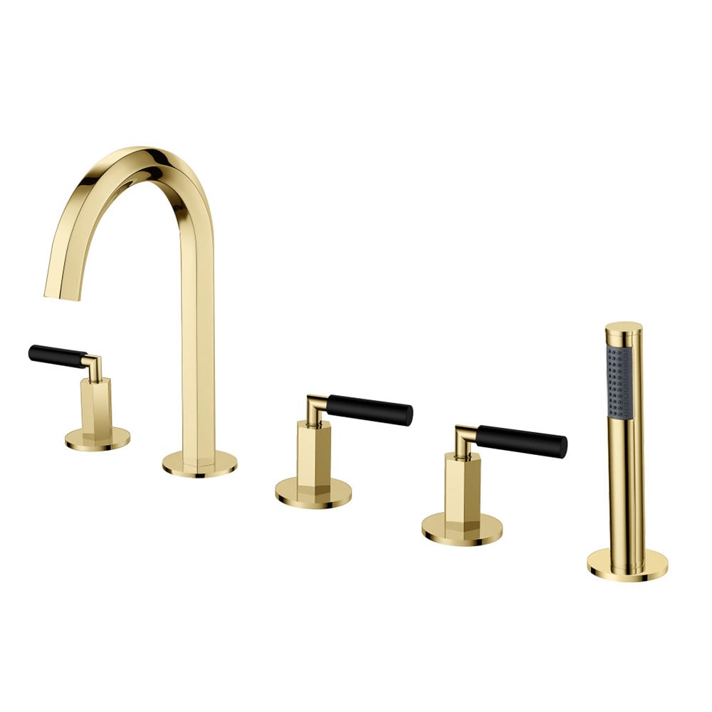 Modern Gold Deck Mounted 3-Handle Bath Mixer Tap 5-Hole Bath Filler Tap & Hand Shower window image