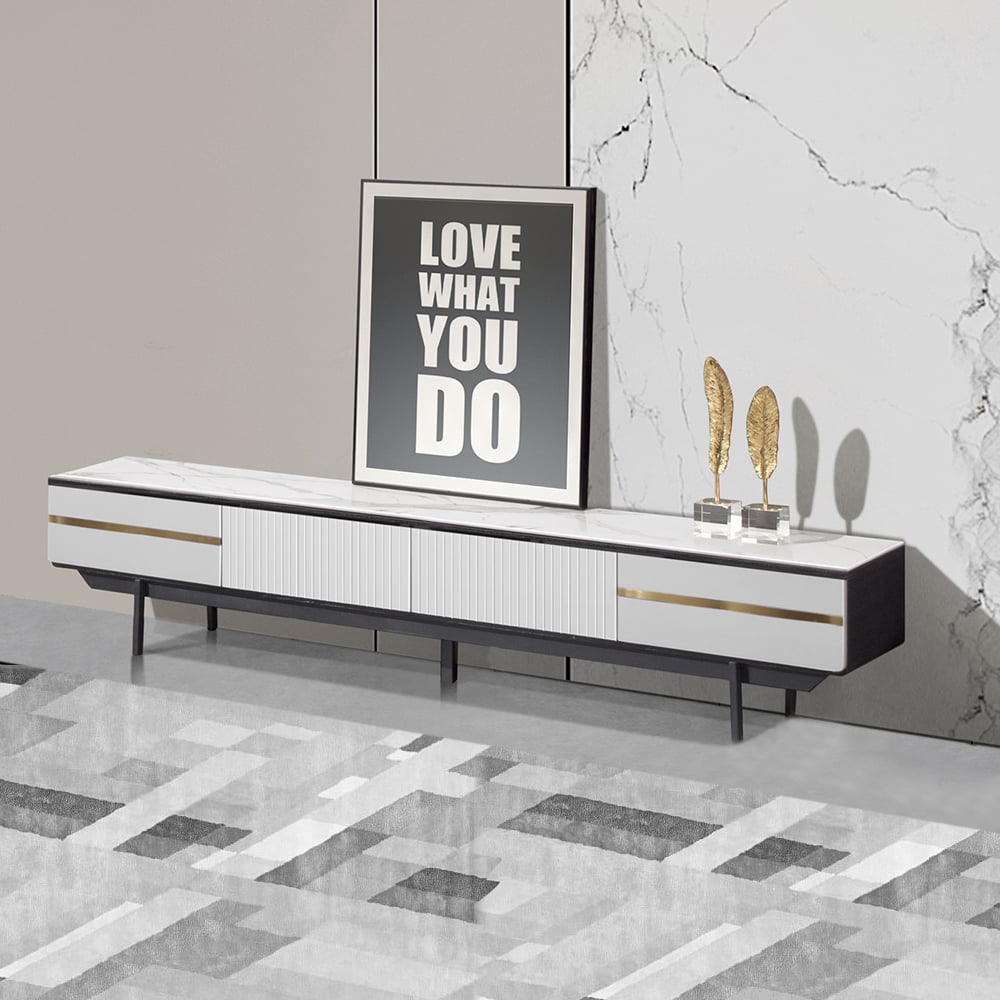 Meuble TV Blanc Console TV Rectangulaire Minimaliste Moderne avec 4 Tiroirs image de fenêtre