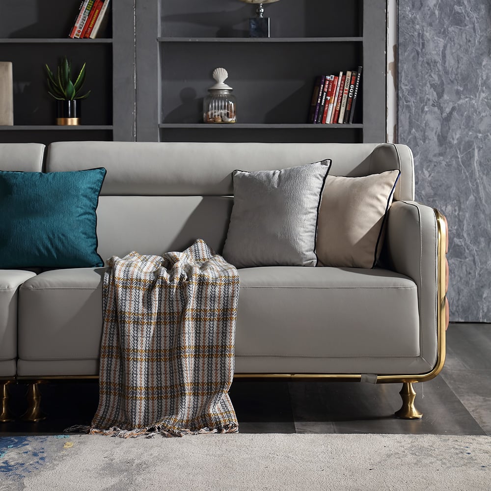 2800mm 4-Seater Grey Vegan Leather Sofa with Stainless Steel Frame window image