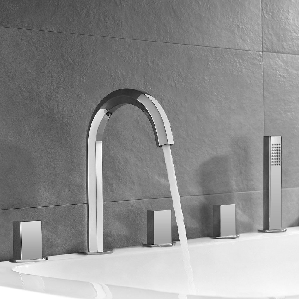 Rose Gold Modern Bath Mixer Tap 3-Handle Deck Mounted 5-Hole Bath Tap & Hand Shower window image