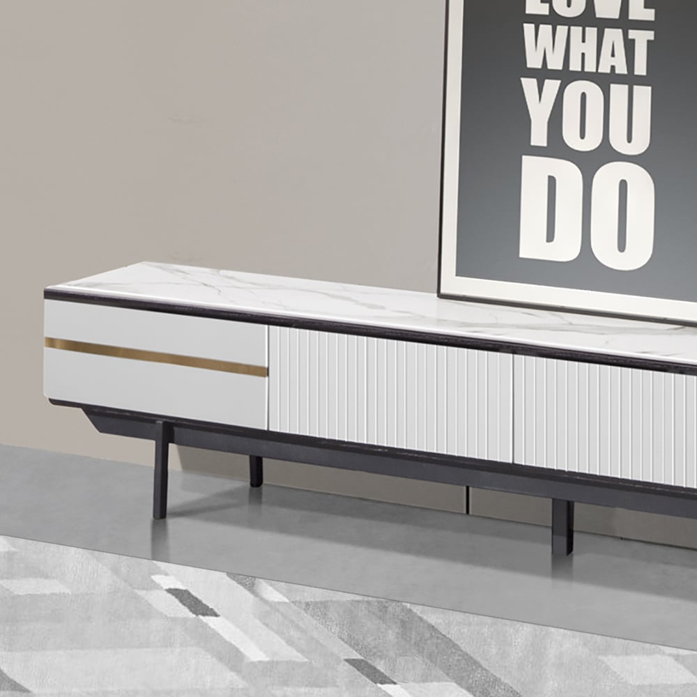 Meuble TV Blanc Console TV Rectangulaire Minimaliste Moderne avec 4 Tiroirs image de fenêtre