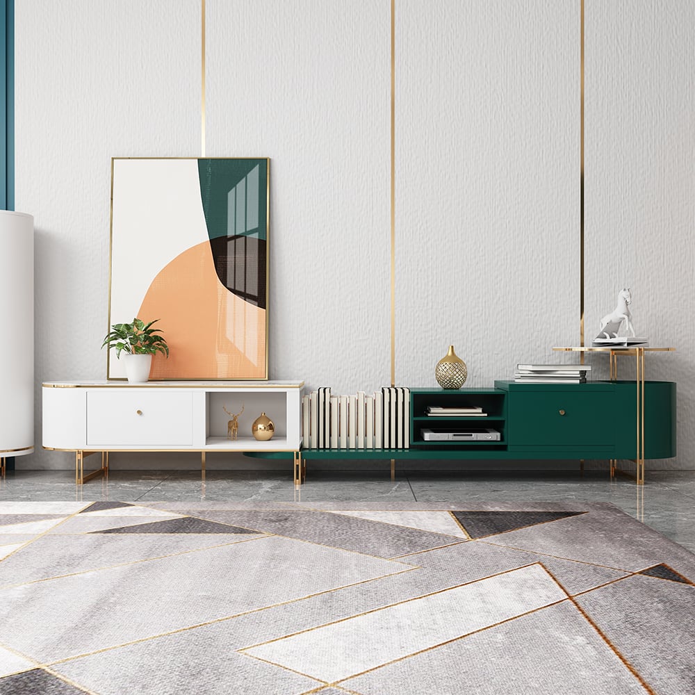 Modern Extendable Oval TV Console with Storage in White & Green window image