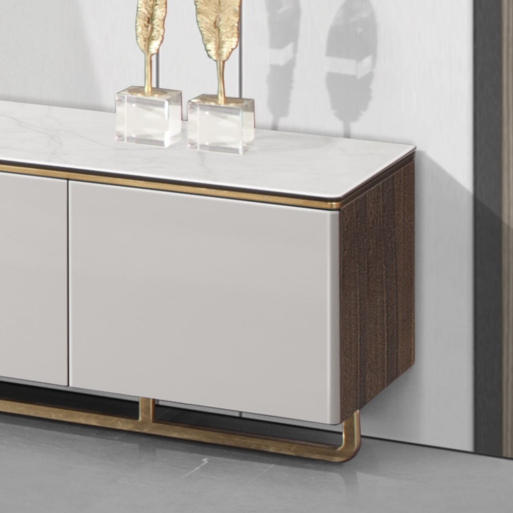 Meuble TV de rangement en bois et pierre frittée blanche avec trou de gestion image de fenêtre