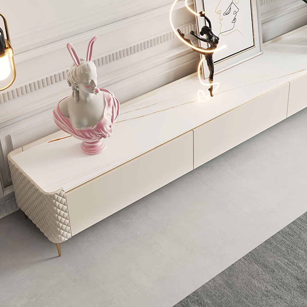 Off White 3 Drawers TV Stand with Sintered Stone Top & Rhombus Embroidered Leather window image