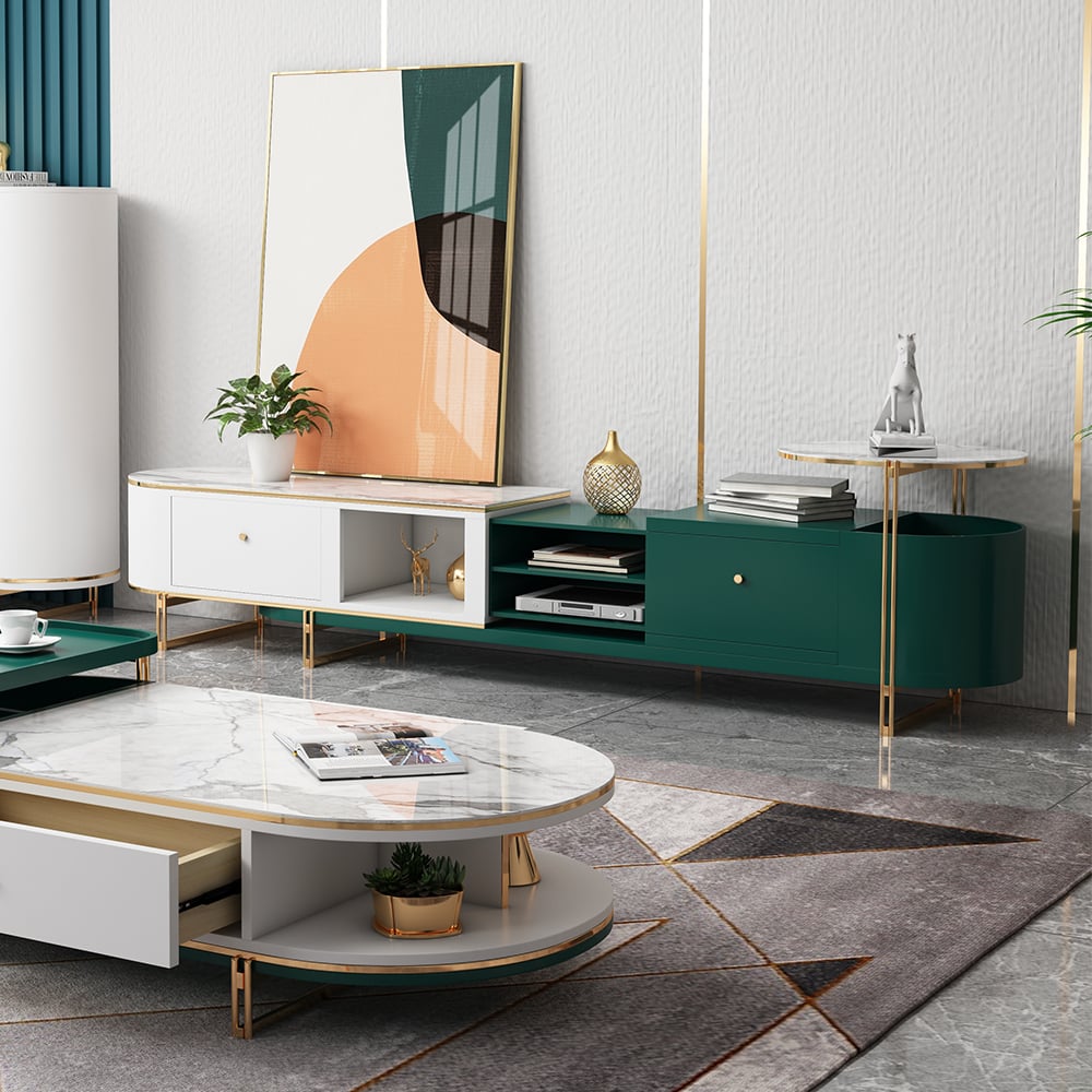 Modern Extendable Oval TV Console with Storage in White & Green window image