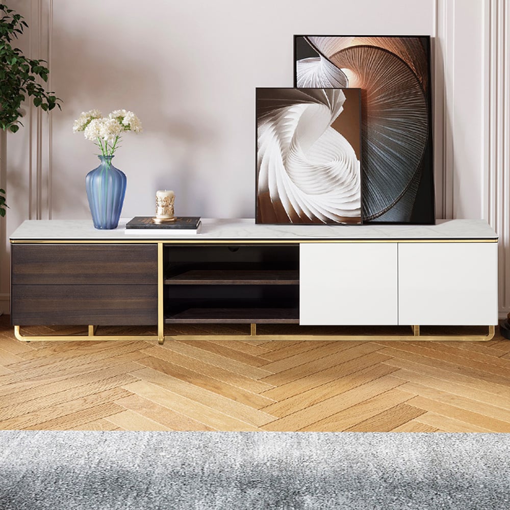 Meuble TV de rangement en bois et pierre frittée blanche avec trou de gestion image de fenêtre