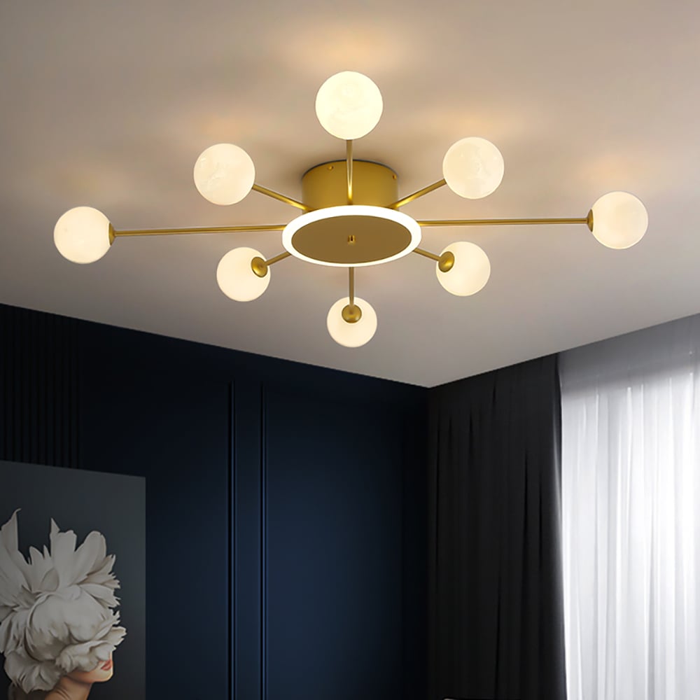 10-Light Gold Sputnik Sphere Semi Flush Mount Lighting Nordic Chandelier window image