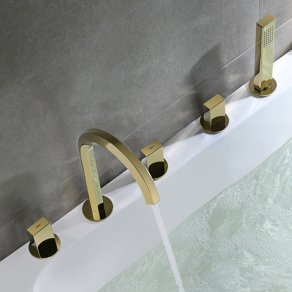 Rose Gold Modern Bath Mixer Tap 3-Handle Deck Mounted 5-Hole Bath Tap & Hand Shower window image
