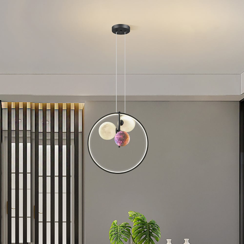 Moderne Globe 3-licht hanglamp 3D maan- en sterrennachtlampenkappen Vensterafbeelding