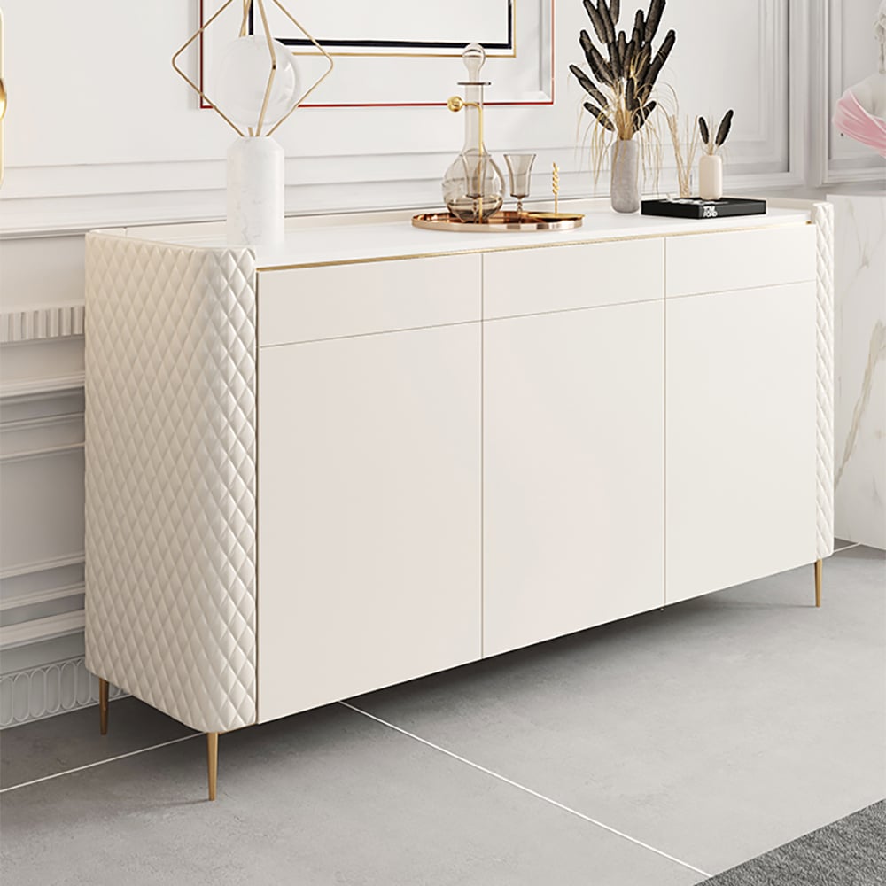 Off White 3 Drawers Kitchen Sideboard Cabinet Buffet with Sintered Stone Top window image
