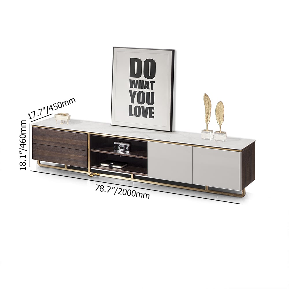 Meuble TV de rangement en bois et pierre frittée blanche avec trou de gestion image de fenêtre