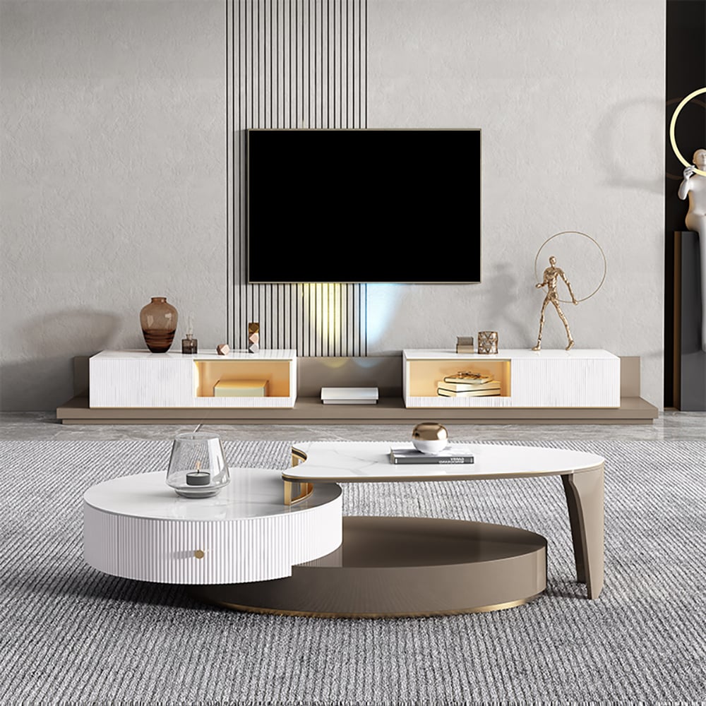 White & Coffee Freestanding Sintered Stone Top TV Stand with Solid Wood Movable Drawers window image