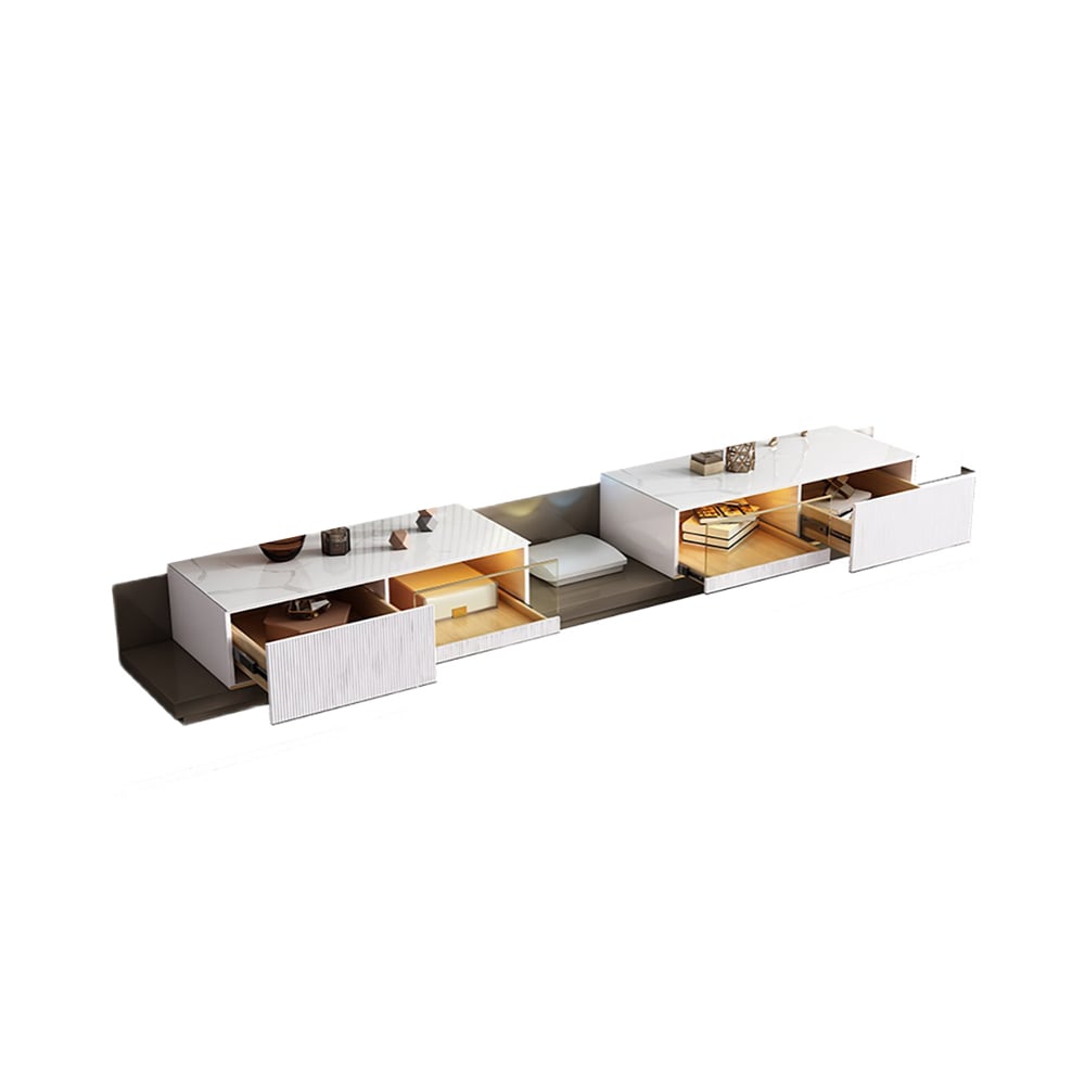 White & Coffee Freestanding Sintered Stone Top TV Stand with Solid Wood Movable Drawers window image