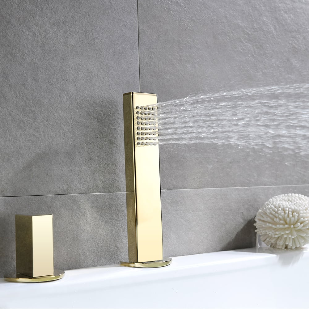 Rose Gold Modern Bath Mixer Tap 3-Handle Deck Mounted 5-Hole Bath Tap & Hand Shower window image