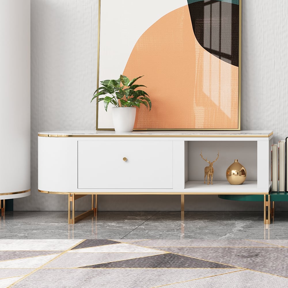 Modern Extendable Oval TV Console with Storage in White & Green window image