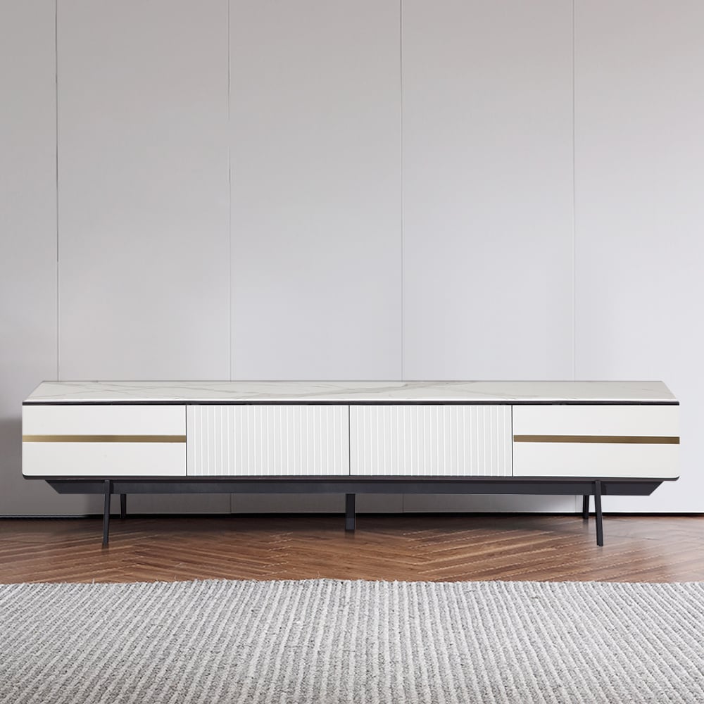 Meuble TV Blanc Console TV Rectangulaire Minimaliste Moderne avec 4 Tiroirs image de fenêtre