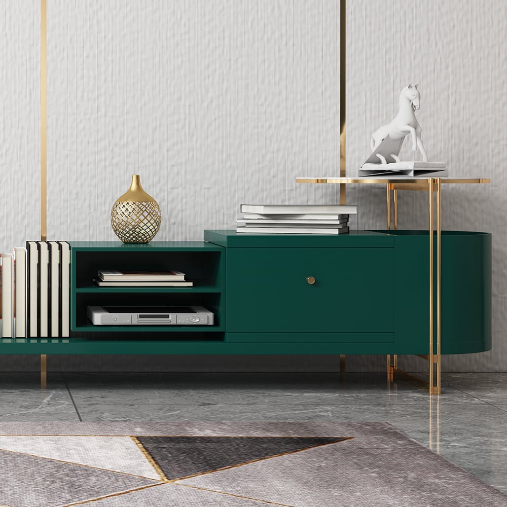 Modern Extendable Oval TV Console with Storage in White & Green window image