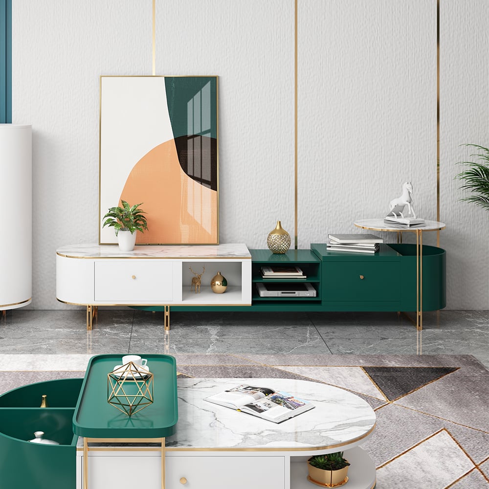 Modern Extendable Oval TV Console with Storage in White & Green window image