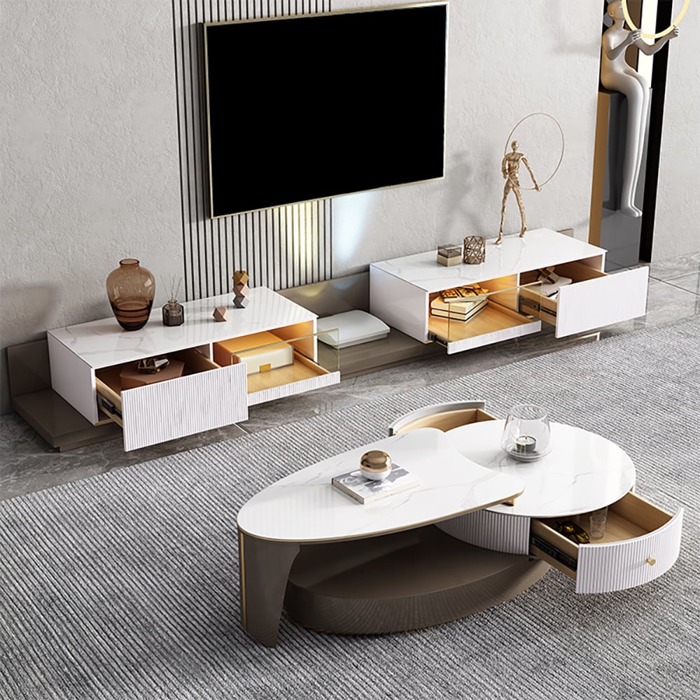 White & Coffee Freestanding Sintered Stone Top TV Stand with Solid Wood Movable Drawers window image