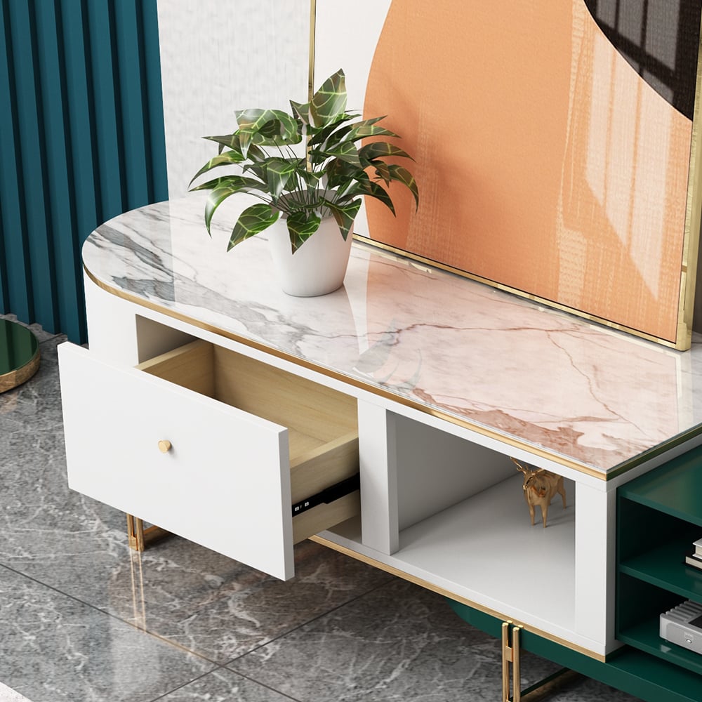 Modern Extendable Oval TV Console with Storage in White & Green window image