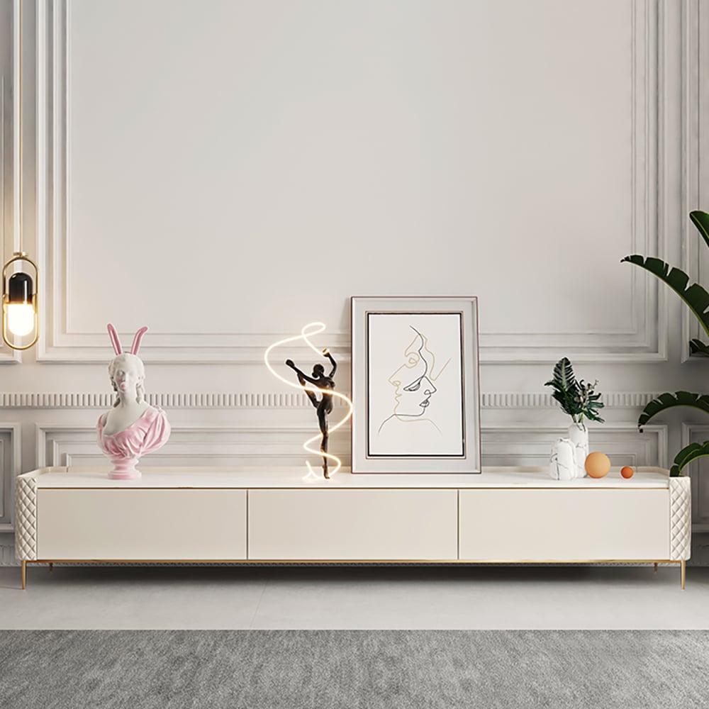 Off White 3 Drawers TV Stand with Sintered Stone Top & Rhombus Embroidered Leather window image