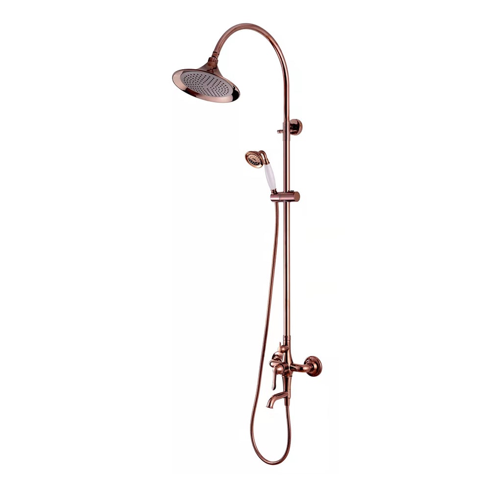 Ensemble de douche pluie exposée classique vintage pour salle de bain, douche à main or rose image de fenêtre