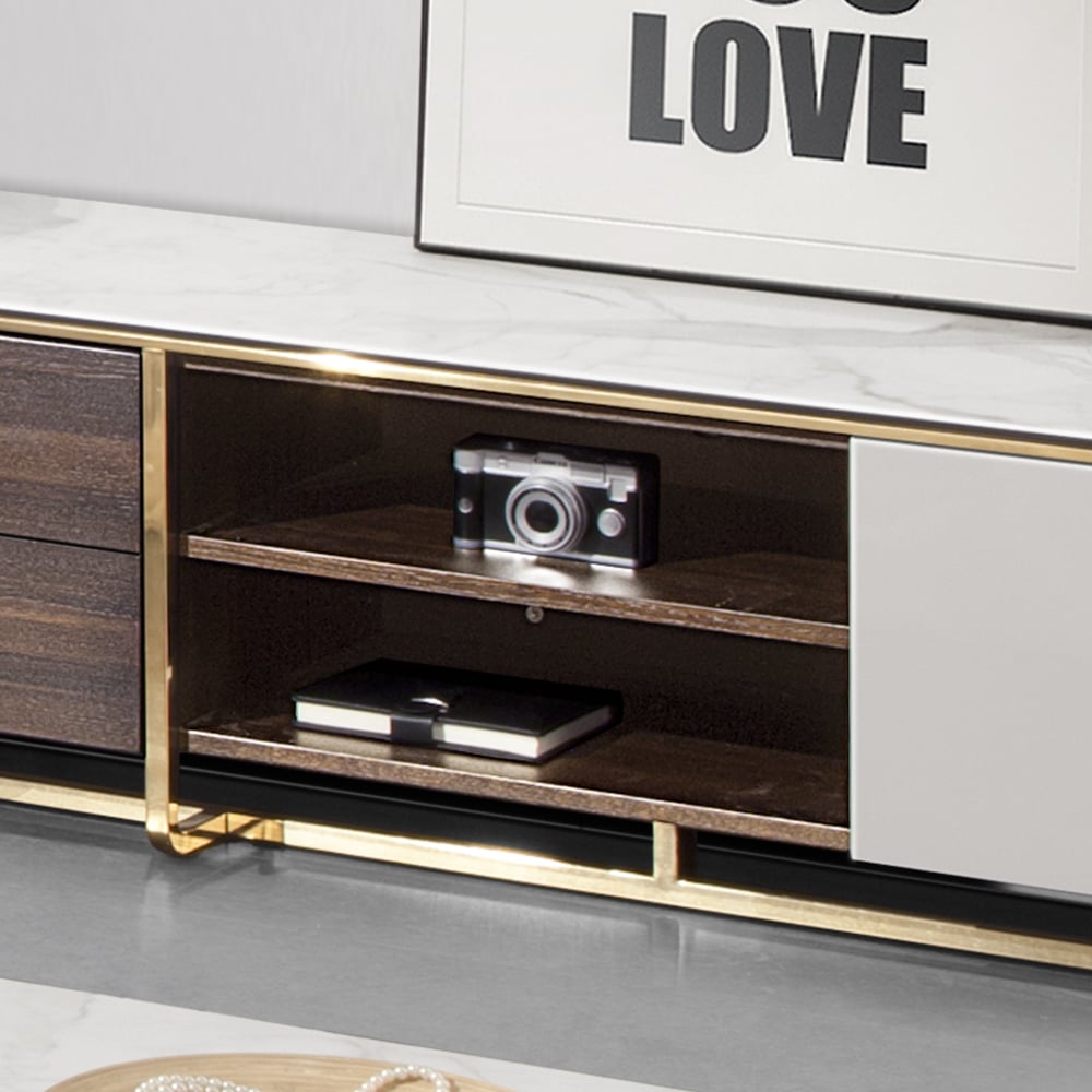 Meuble TV de rangement en bois et pierre frittée blanche avec trou de gestion image de fenêtre