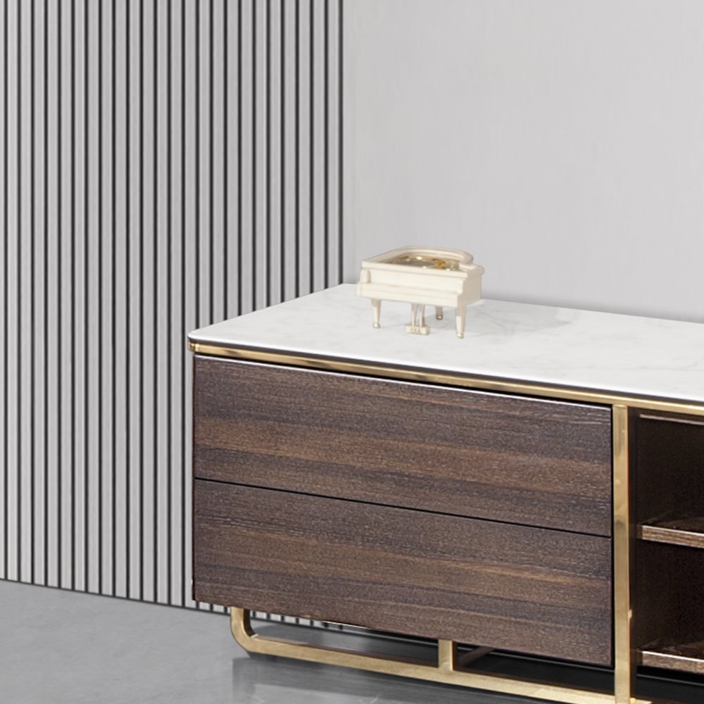 Meuble TV de rangement en bois et pierre frittée blanche avec trou de gestion image de fenêtre