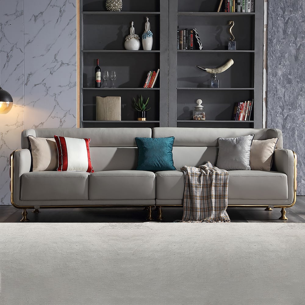 2800mm 4-Seater Grey Vegan Leather Sofa with Stainless Steel Frame window image