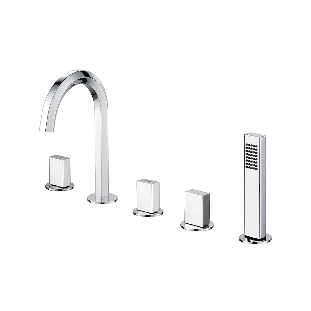 Rose Gold Modern Bath Mixer Tap 3-Handle Deck Mounted 5-Hole Bath Tap & Hand Shower window image