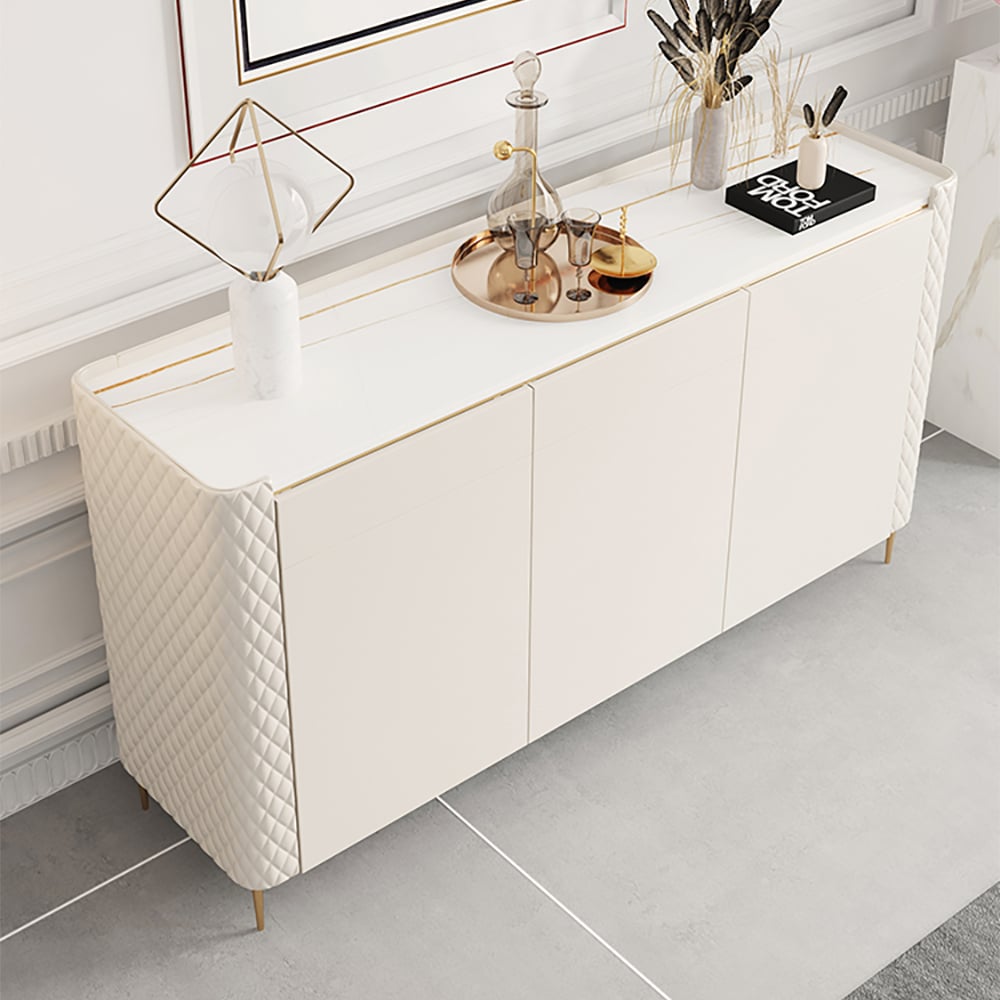 Off White 3 Drawers Kitchen Sideboard Cabinet Buffet with Sintered Stone Top window image