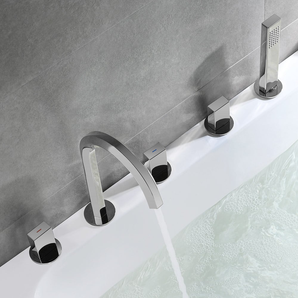 Rose Gold Modern Bath Mixer Tap 3-Handle Deck Mounted 5-Hole Bath Tap & Hand Shower window image