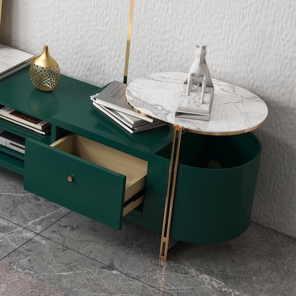 Modern Extendable Oval TV Console with Storage in White & Green window image