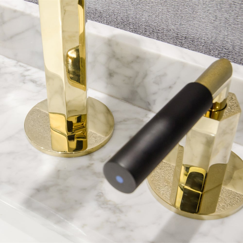 Gold Modern Bathroom Widespread Sink Faucet Solid Brass Double Handles window image