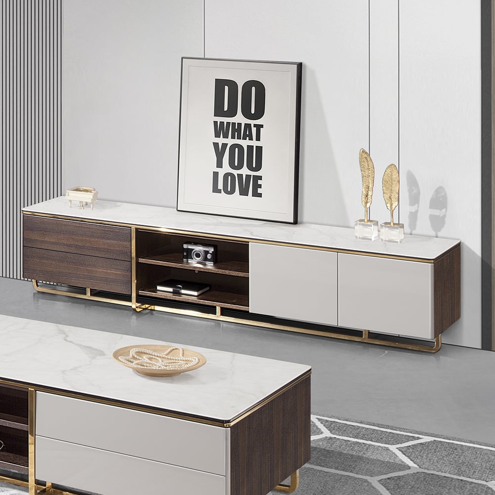 Meuble TV de rangement en bois et pierre frittée blanche avec trou de gestion image de fenêtre