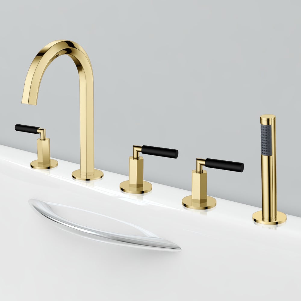 Modern Gold Deck Mounted 3-Handle Bath Mixer Tap 5-Hole Bath Filler Tap & Hand Shower window image