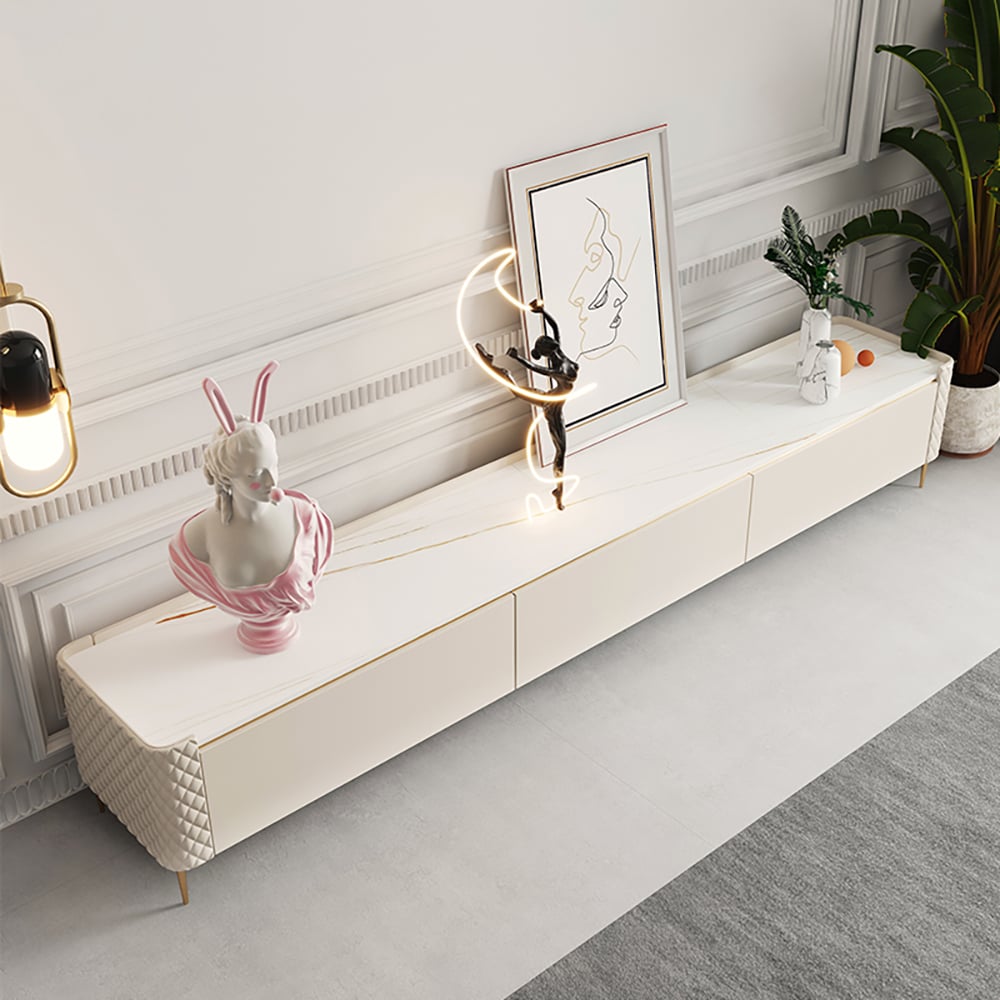 Off White 3 Drawers TV Stand with Sintered Stone Top & Rhombus Embroidered Leather window image
