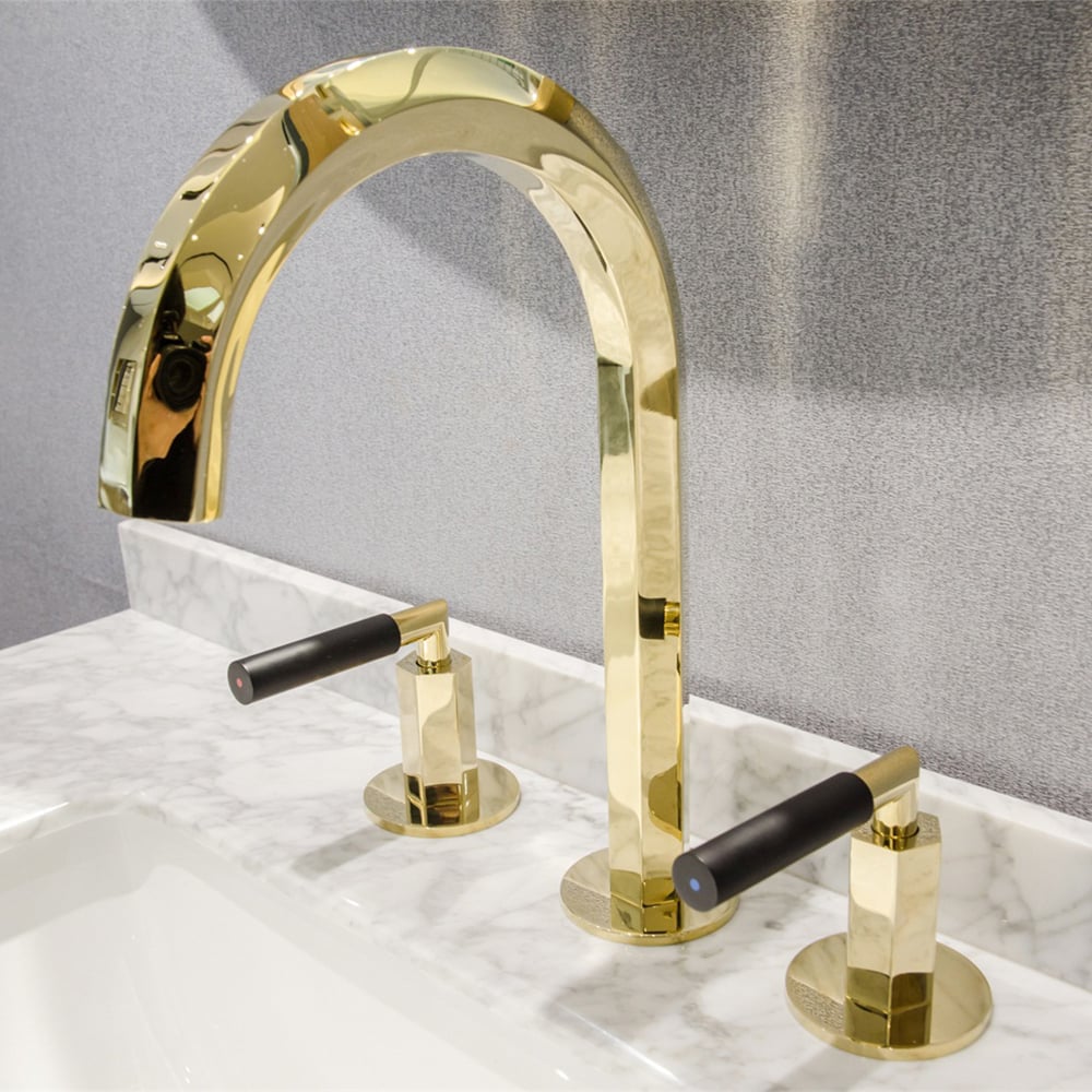 Gold Modern Bathroom Widespread Sink Faucet Solid Brass Double Handles window image