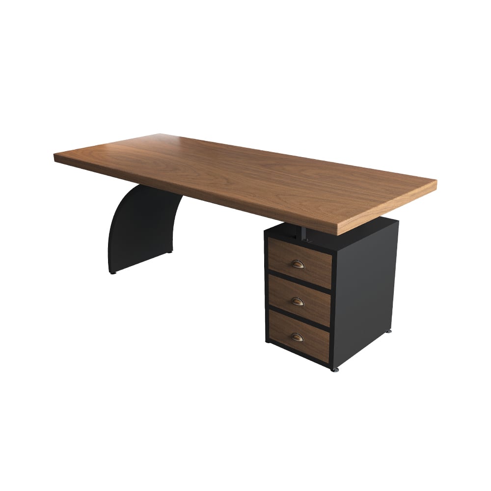 Table de bureau moderne en noyer avec tiroirs, dessus en bois et cadre en métal image de fenêtre