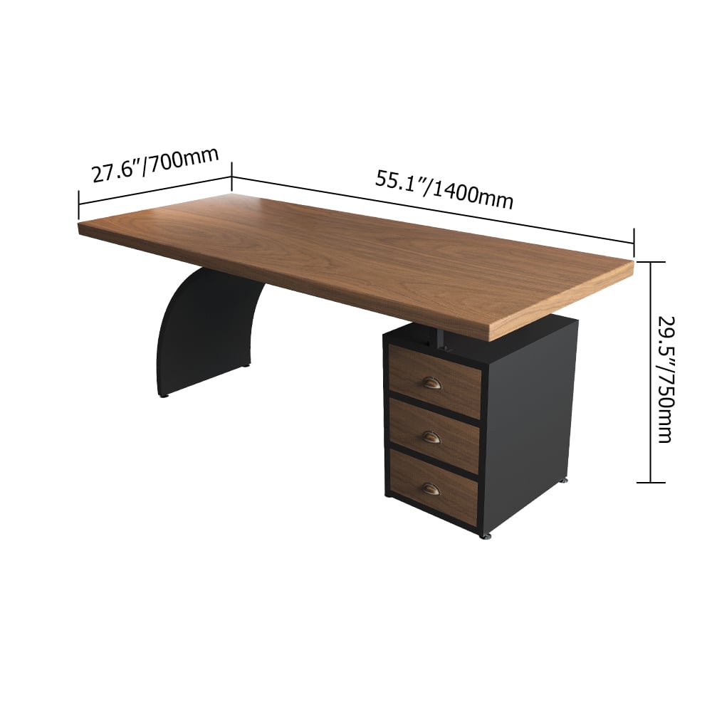 Table de bureau moderne en noyer avec tiroirs, dessus en bois et cadre en métal image de fenêtre
