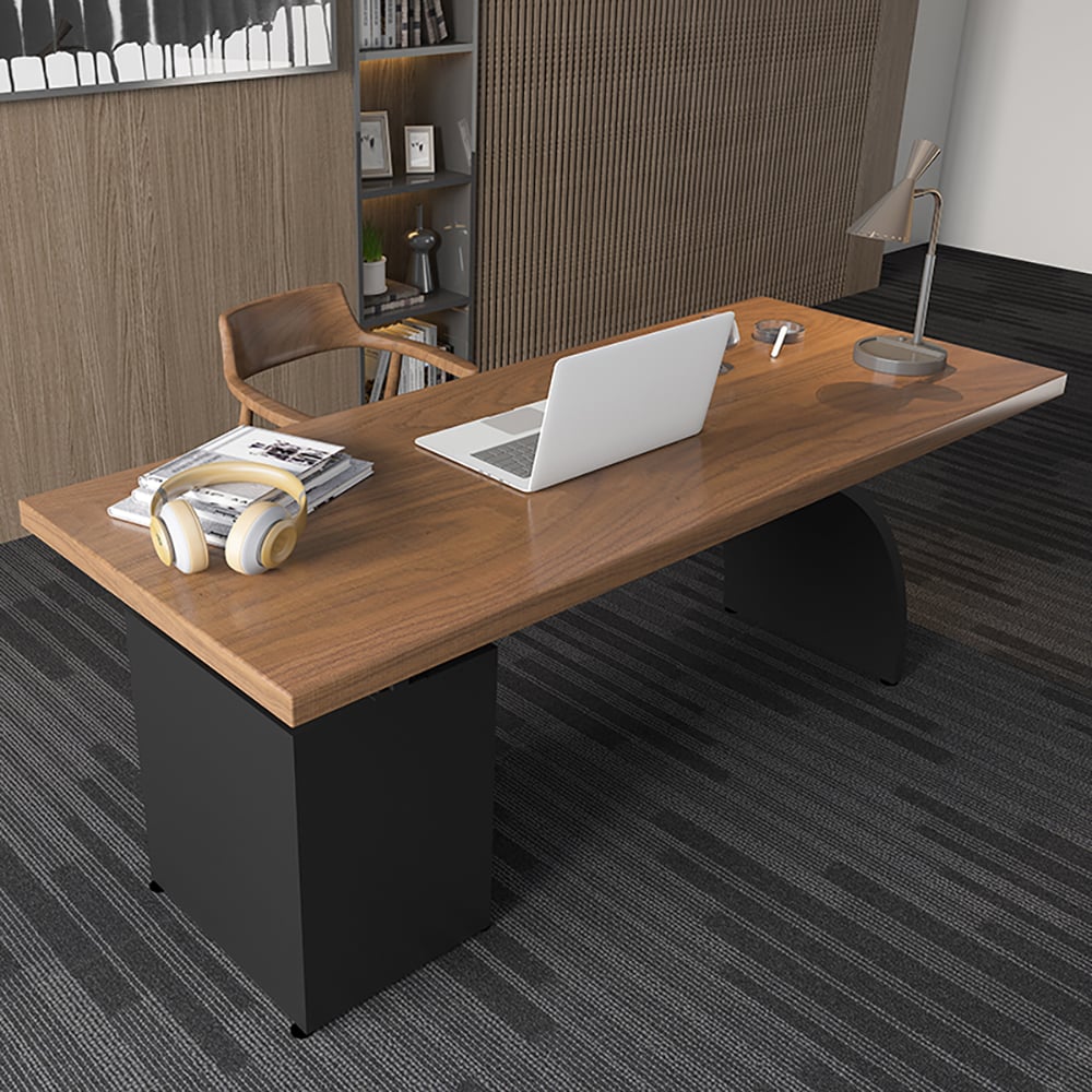 Table de bureau moderne en noyer avec tiroirs, dessus en bois et cadre en métal image de fenêtre