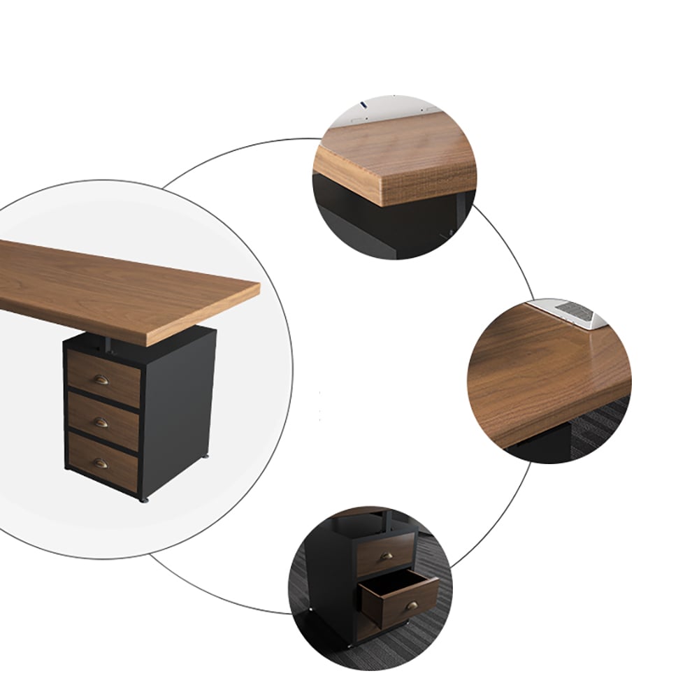 Table de bureau moderne en noyer avec tiroirs, dessus en bois et cadre en métal image de fenêtre