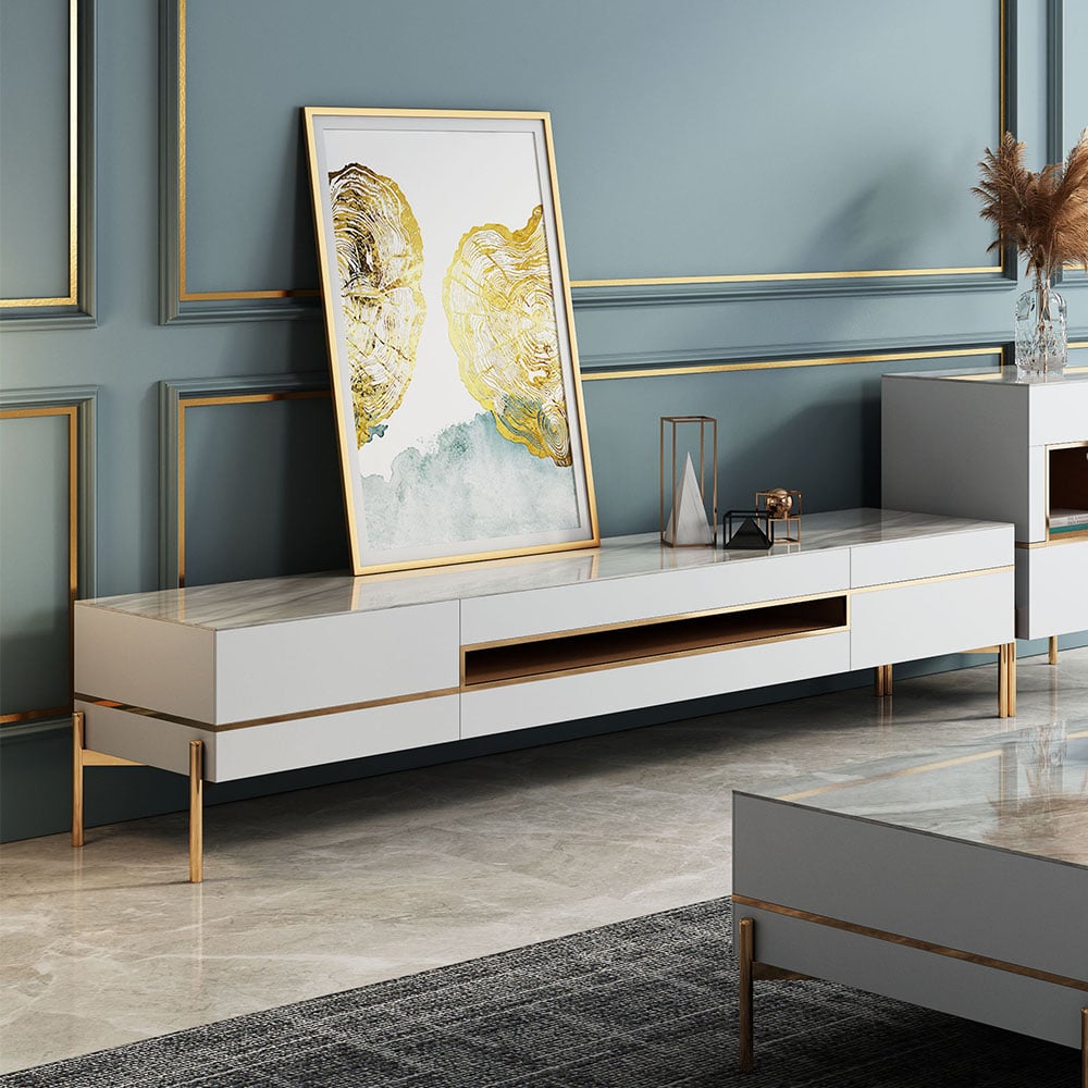 Rectangular Sintered Stone Top TV Console with Storage in White window image